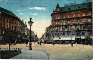 1914 Budapest VIII. Baross tér és Rákóczi út, Központi szálloda, kávéház és étterem, Debreczen szálloda, üzletek, villamos (EK)