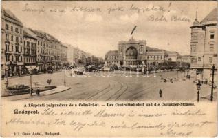 1903 Budapest VII. Központi (Keleti) pályaudvar és a Csömöri út, villamos, Baross szobor, üzletek. Ganz Antal 113. (EB)