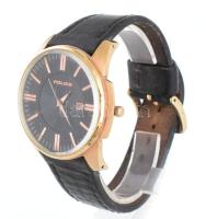 Police elemes férfi karóra, dátum kijelzővel, bőr szíjjal, plexi kissé karcos, működik, d: 4,5 cm