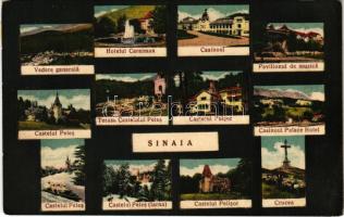 1938 Sinaia, multi-view postcard with castle, casino, railway station, sledding people, winter sport