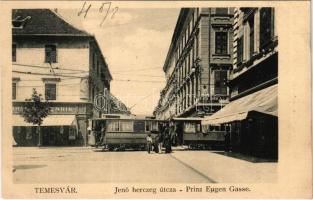 1904 Temesvár, Timisoara; Jenő herceg utca, villamos, Dr. Schwenk Anton fogorvosi rendelője, üzletek. Moravetz és Weisz kiadása / Prinz Eugen Gasse / street view, tram, dentist's office, shops