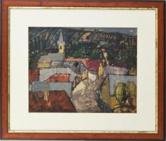 Kóthay Ernő (1926-1982): Falu a hegyek között (1962) gouache, papír, Üvegezett keretben 28x35 cm