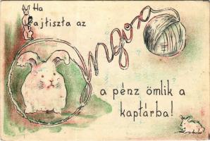 1943 Marosvásárhely, Targu Mures; Ha fajtiszta az angora, a pénz ömlik a kaptárba! Ezzel a levelezőlappal Ráduly Ervin marosvásárhelyi kaptáros diák díjat nyert a Horthy István Diákkaptár Szövetség levelezőlap pályázatán / Hungarian Youth Association propaganda art postcard s: Ráduly Ervin (EK)