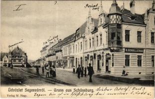 Segesvár, Schässburg, Sighisoara; Fő tér, H. Schullerus, W. Nagy üzlete és saját kiadása / main square, street view, publisher's shop