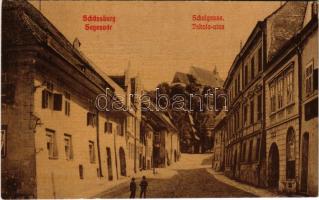 Segesvár, Schässburg, Sighisoara; Iskola utca, üzlet. W.L. (?) 525. W. Nagy kiadása / Schulgasse / School Street, shop