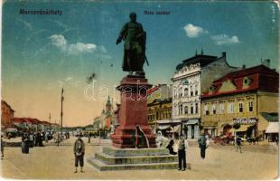 1921 Marosvásárhely, Targu Mures; Bem József szobra, József Emil cipőraktára, üzletek, piac. Márványi kiadása / statue, shops, market (EB)