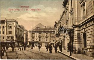 1911 Temesvár, Timisoara; Szent György tér, szálloda és sörcsarnok, Dr. Aldor Gyula fogorvos rendelője, Gresham, Szeibert Péter és Farber Miksa üzlete, Adria, Gőzmosóintézet / square, hotel, beer hall, dentist, shops (r)