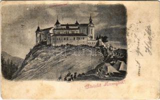 1902 Krasznahorkaváralja, Krásnohorské Podhradie; Krasznahorka vára. Üdvözlet Rozsnyóról! Fuchs József kiadása / Hrad Krásna Horka / castle. Greetings from Roznava (vágott / cut)