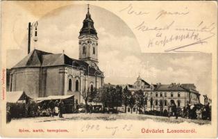 1902 Losonc, Lucenec; Római katolikus templom, piac, városi szálloda. Redlinger kiadása / Catholic church, market, hotel (fl)