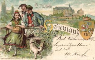 Hessenland with folkwear and coat of arms litho