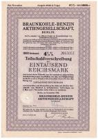 Német Harmadik Birodalom / Berlin 1938. Lignit-Benzin Részvénytársaság részkötvénye 1000M-ról, szárazpecséttel, lyukasztással érvénytelenítve T:AU German Third Reich / Berlin 1938. Braunkohle-Benzin Aktiengesellschaft bond about 1000 Mark with embossed stamp, cancelled by hole C:AU