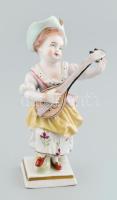 Német porcelán figura, gitáros lány, kis lepattanásokkal, jelzett, m: 12 cm