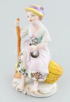 Német porcelán figura, sarlós lány, kopott, jelzett, m: 9 cm