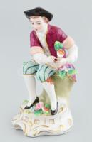 Német porcelán figura, ágon ülő rokokó férfi, kopott, jelzett, m: 11 cm