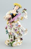 Német porcelán figura, lány virággal, kopott, kis sérülésekkel, jelzett, m: 15 cm
