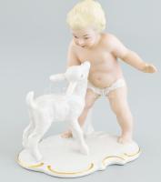 Német porcelán figura, puttó kecskével, kopott, kis sérülésekkel, jelzett, m: 15 cm