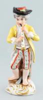 Német porcelán figura, fagottozó fiú, kopott, kis sérülésekkel, jelzett, m: 15 cm