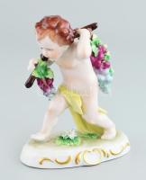Német porcelán figura, szőlős puttó, kopott, kis sérülésekkel, jelzett, m: 14 cm