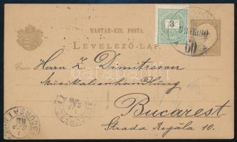 1899 2kr díjjegyes levelezőlap 3kr kiegészítéssel Bukarestbe / 2kr PS-card with 3kr additional franking to Bucarest