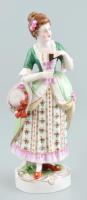 Német porcelán figura, legyezős nő, kopott, kis sérülésekkel, jelzett, m: 15 cm