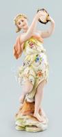 Német porcelán figura, csörgődobos nő, kopott, kis sérülésekkel, jelzett, m: 12 cm