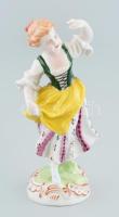 Német porcelán figura, táncoló nő, kopott, kis sérülésekkel, jelzett, m: 14 cm