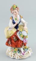 Német porcelán figura, nő kalappal, kopott, kis sérülésekkel, jelzett, m: 15 cm