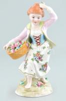Német porcelán figura, nő virágkosárral, kopott, kis sérülésekkel, jelzett, m: 17 cm