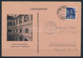 Székelyudvarhely 1945 Helyi levelezőlap 3f bélyeggel és kétnyelvű bélyegzéssel / Local postcard with 3f and bilingual postmark. Signed: Bodor