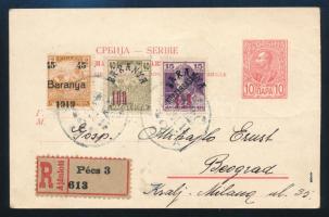 1920 Szerb díjjegyes ajánlott levelezőlap 6 db Baranya bélyeggel és PÉCS bélyegzéssel Beográdba küldve / Registered Serbian PS-card from Pécs to Beograd. Signed: Bodor