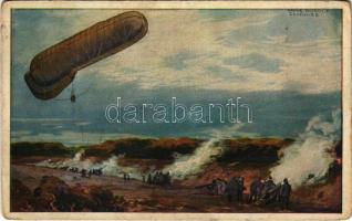 1916 Fesselballon, unsere Artilleriewirkung beobachtend. Deutscher Luftflotten-Verein / WWI German military art postcard, observation balloon s: Hans Rudolf Schulze (EK)