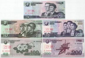 Észak-Korea 2002-2013. 5W-5000W (10xklf) MINTA felülbélyegzéssel és 0000000 sorszámmal T:UNC,AU North Korea 2002-2013. 5 Won - 5000 Won (10xdiff) with SPECIMEN overprint and 0000000 serial C:UNC,AU