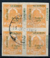 Szeged 1919 Hírlapbélyeg négyestömb betű- és számhiányokkal: S eged, 919. / Mi 1 block of 4 with plate varieties. Signed: Bodor