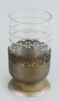 Fém aljú, régi üvegbetétes váza, kopott, m: 15,5 cm