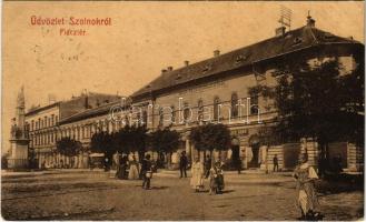 1907 Szolnok, Piac tér, Magyar királyi pénzügyigazgatóság, takarékpénztár, Szentháromság szobor, pia...