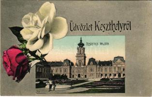 1912 Keszthely, Festetics palota. Szecessziós montázs virágokkal, Art Nouveau, Mérei Ignác 1908. 581. (EK)