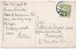 1915 Pécs, Szigeti országút, villamosok, Schutzer S. üzlete. Karpf Berta kiadása (kis szakadások / s...