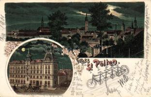 St Pölten with Grand Hotel Pittner at night Litho