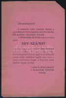 cca 1919 Huszadik Század prospektusa, rajta a nyomdászok bérmozgalmára miatt késés hírével, és a hamarosan megjelenő Ady-szám reklámjával, az egyik sarka levált, [Bp.], Lantos A. Könyvesboltja, a főszerkesztője Jászi Oszkár volt (1906-1919), 21x14 cm