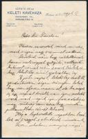 1915 Szántó Béla Keleti Kávéházának levélpapírja, egy lapon kézzel írt levéllel, 2 sztl. lev.
