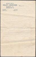 1915 Szántó Béla Keleti Kávéházának levélpapírja, egy lapon kézzel írt levéllel, 2 sztl. lev