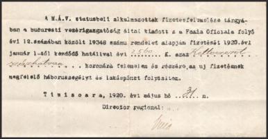 1918 Temesvár, fizetésemelési értesítés a bukaresti vezérigazgatóságtól egykori MÁV alkalmazott mozd...