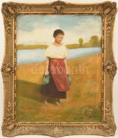 Olvashatatlan (Baumann Etelka?) jelzéssel: Vízhordó lány, 1907. Olaj, vászon. Dekoratív, sérült fakeretben. 68x55 cm