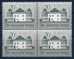 1987 Kastélyok II. 70Ft négyestömb matt-fényes, fogazás: 12 : 11 1/2, egyik bélyegen poloska (24.000) (tompa fogak) / Mi 3916 block of 4 with plate variety, matt-shiny, perforation: 12 : 11 1/2 (short perfs)