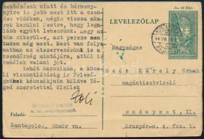 1944 Király Zoltán rendőrfogalmazó levelezőlapja Kuntapolcáról, Gömör vármegyéből Soós Károlynak Budapestre, amelyben háborús eseményekről ír.