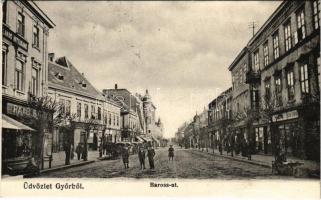 1913 Győr, Baross út, Raab és Mór üzlete, Általános hitelbank. Polgár Bertalan kiadása (vágott / cut)
