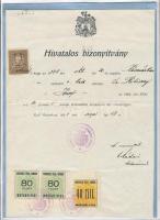 1931 Miskolc, illetőségi bizonyítvány, 80+80+40 f ínségbélyeg, ill. 80 f illetékbélyeggel