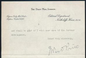 George Ward Price (1886-1961) ujságíró autográf aláírt levél / Auptgraph signed letter