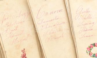 cca 1890 Kézzel rajzolt és írt társasjáték kártyák. Műveltségi, történelmi, kb 30 db