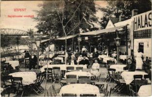 1908 Budapest IV. Újpest, Hajóállomási vendéglő, halászcsárda kertje. Selley Károly fényképész kiadása